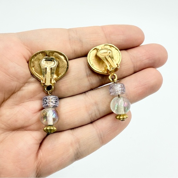 Vintage Gold Tone AURORA BOREALIS Crystal Beaded Dangle Clip Earrings - Picture 3 of 5